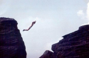 An early photo of me in 'daredevil' mode...doing the famous 'Cook's Leap' Froggat edge. 1983